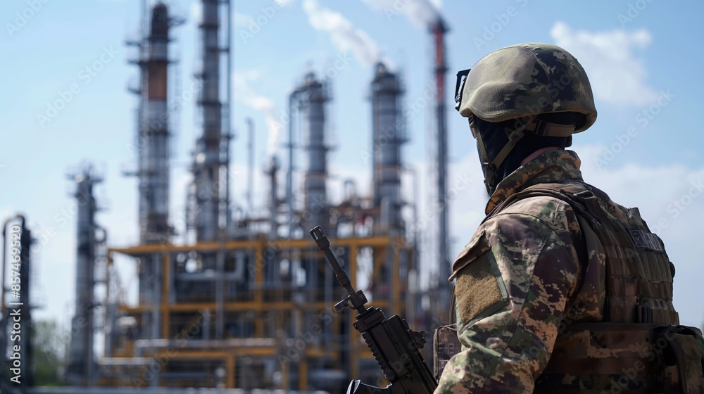 Under a clear, sunny sky, a soldier in uniform with a weapon stands in front of a state-of-the-art oil refinery, symbolizing its strategic role Under a clear, sunny sky, a soldier in uniform with a weapon stands in front of a state-of-the-art oil refinery, symbolizing its strategic role