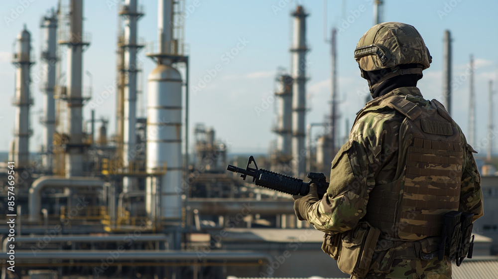 With a modern oil refinery stretching out behind him on a sunny day, a soldier in military gear holds his weapon, signifying the facility's vital strategic importance With a modern oil refinery stretching out behind him on a sunny day, a soldier in military gear holds his weapon, signifying the facility's vital strategic importance