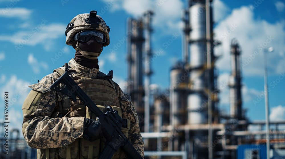 Fototapeta premium A soldier in full military uniform and weapon stands against the backdrop of a gleaming oil refinery on a bright sunny day, symbolizing its strategic significance