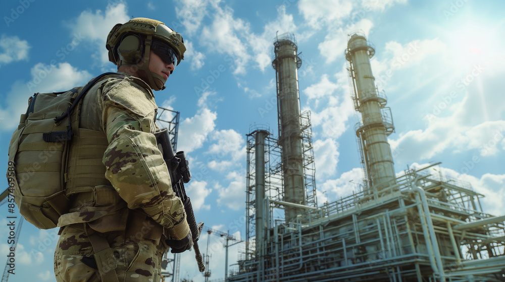 A soldier in full military uniform and weapon stands against the backdrop of a gleaming oil refinery on a bright sunny day, symbolizing its strategic significance A soldier in full military uniform and weapon stands against the backdrop of a gleaming oil refinery on a bright sunny day, symbolizing its strategic significance