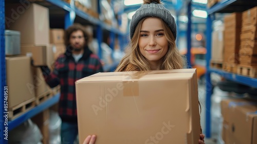 A woman wearing a beanie smiles as she carries a cardboard box in a warehouse, with shelves of stock and another person seen in the background. © Pinklife
