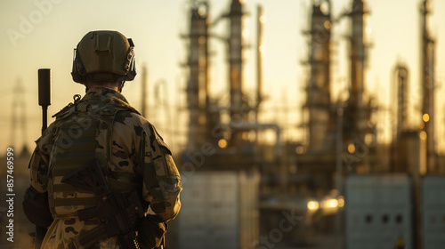 In front of a vast oil refinery glistening in the sun, a soldier in military uniform holds his weapon, highlighting the facility's critical strategic importance