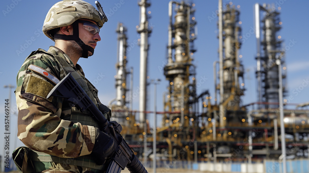 A soldier in military uniform, armed and alert, stands in front of a gleaming oil refinery on a sunny day, symbolizing its vital strategic role A soldier in military uniform, armed and alert, stands in front of a gleaming oil refinery on a sunny day, symbolizing its vital strategic role