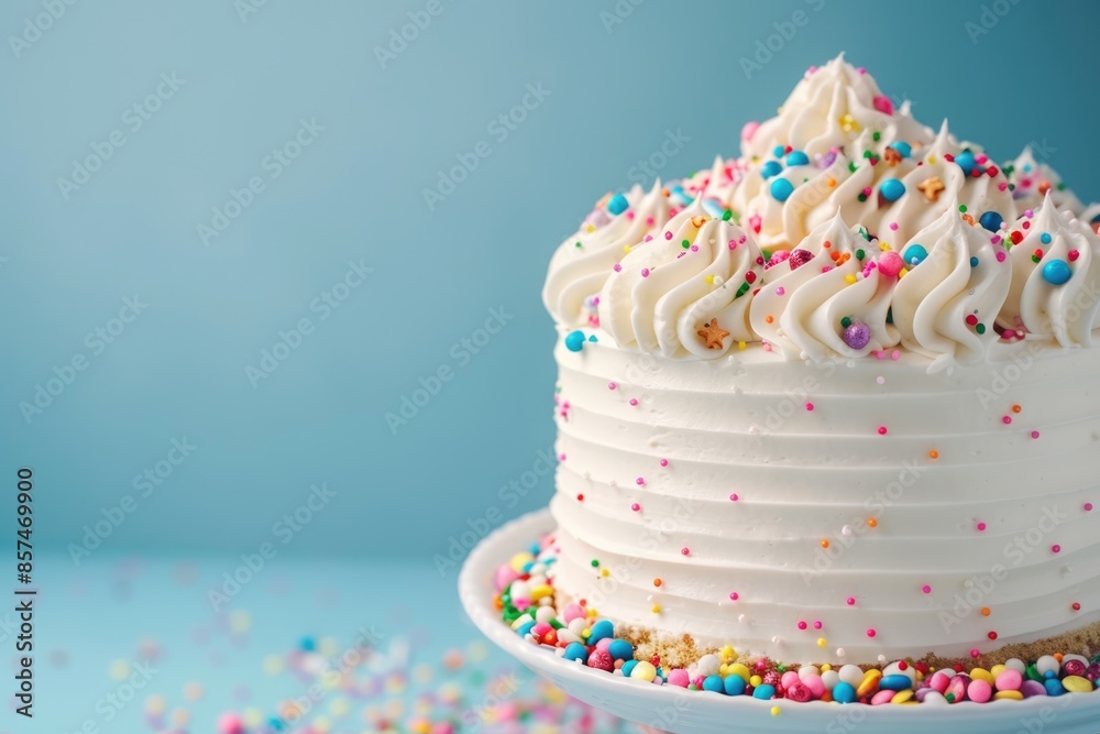 White Birthday cake with colorful Sprinkles over a blue background. White Birthday cake with colorful Sprinkles over a blue background.
