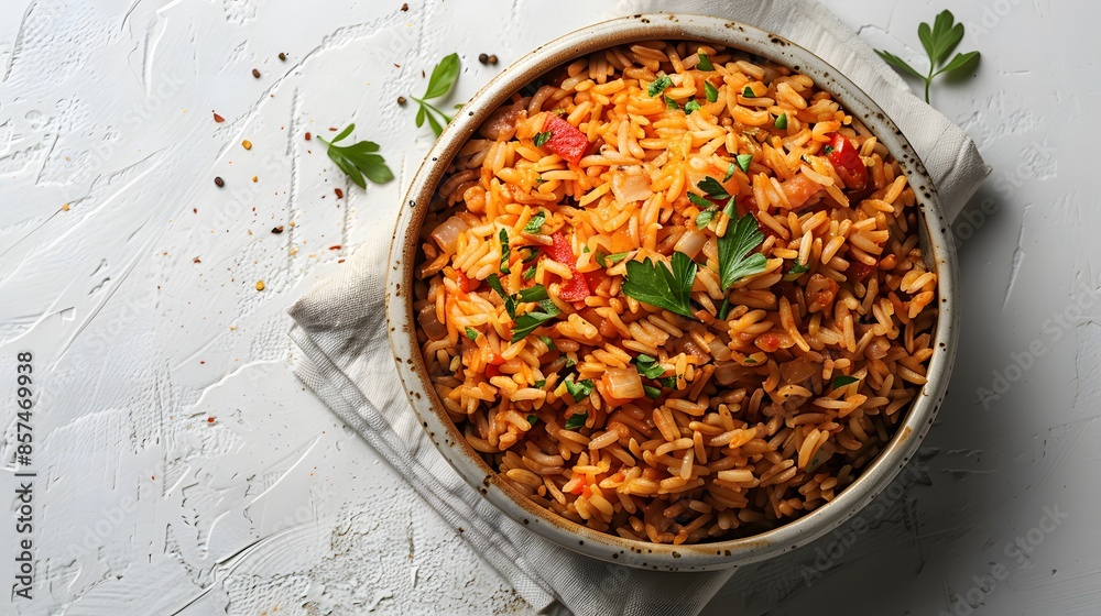 Bowl of rice dish with vegetables and herbs on white background. Culinary and food photography. Flat lay composition with copy space. Design for recipe, poster, banner Bowl of rice dish with vegetables and herbs on white background. Culinary and food photography. Flat lay composition with copy space. Design for recipe, poster, banner