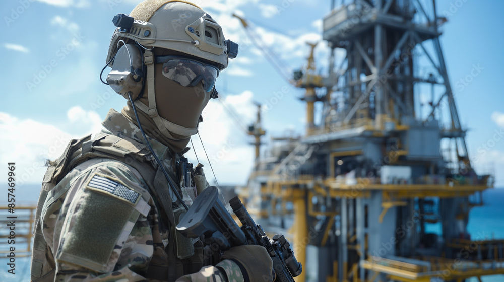 A soldier in military gear, armed and alert, stands on a state-of-the-art oil production rig in the sea under a bright sunny day, highlighting its vital strategic role A soldier in military gear, armed and alert, stands on a state-of-the-art oil production rig in the sea under a bright sunny day, highlighting its vital strategic role