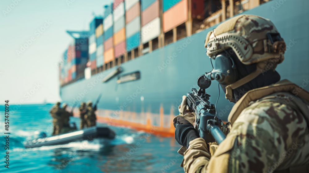 Observe soldiers in military gear, armed and prepared, navigating towards a modern container ship on a small boat, ensuring its safety from pirates amidst clear skies. Observe soldiers in military gear, armed and prepared, navigating towards a modern container ship on a small boat, ensuring its safety from pirates amidst clear skies.