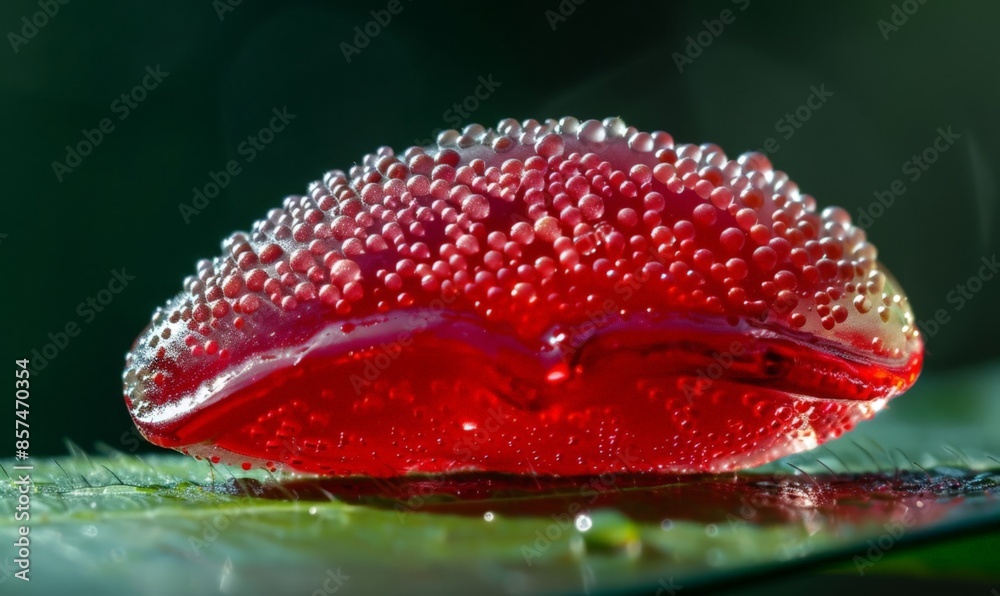 Vibrant Red Bubble-like Fungus on a Green Leaf Vibrant Red Bubble-like Fungus on a Green Leaf