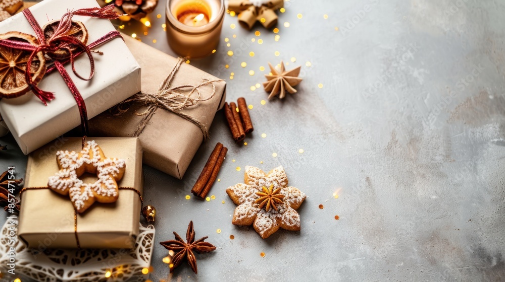 Christmas Gifts and Decorations on Grey Background Christmas Gifts and Decorations on Grey Background