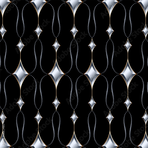 Vector pattern with precious stones.Gemstones in a gold setting on a black background in a vector pattern.