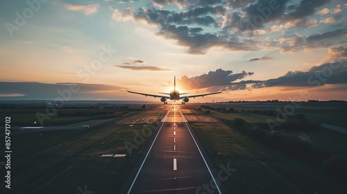 A jet plane is landing on a runway at sunset. The sky is a bright orange and yellow, and the sun is setting behind the plane.