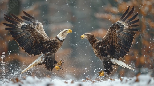 White-tailed Eagles Confronting Each Other in Snowy Forest photo