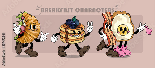Groovy food maskots in retro style. Breakfast meals characters in funny 30s style. Doodle gloved croissants, blueberry pancakes and scrambled eggs with bacon in boots