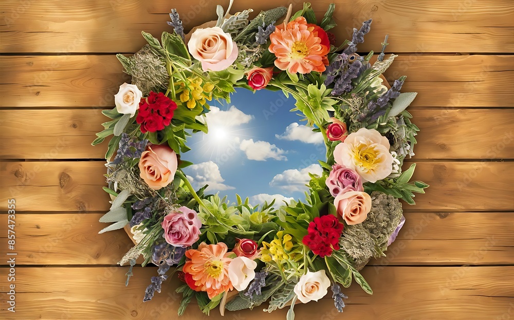 Flowers in a circle on a wooden background postcard for the holiday roses geraniums lavender sage Flowers in a circle on a wooden background postcard for the holiday roses geraniums lavender sage