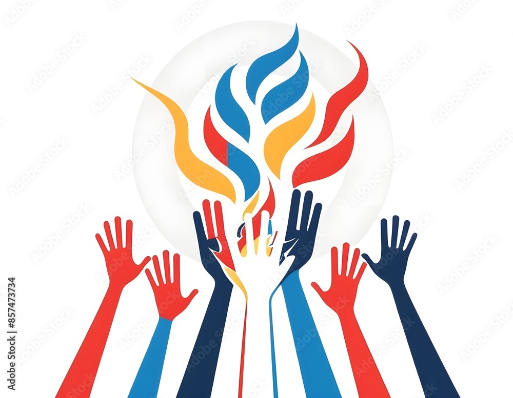 hands trying to reach the Olympic torch against the background of the French flag hands trying to reach the Olympic torch against the background of the French flag