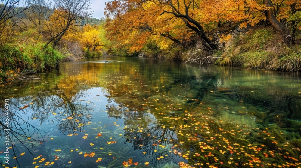A serene river reflects the vibrant hues of autumn foliage, creating a picturesque scene. A serene river reflects the vibrant hues of autumn foliage, creating a picturesque scene.