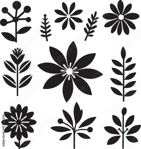 Flat design flower silhouettes, vector black color silhouette