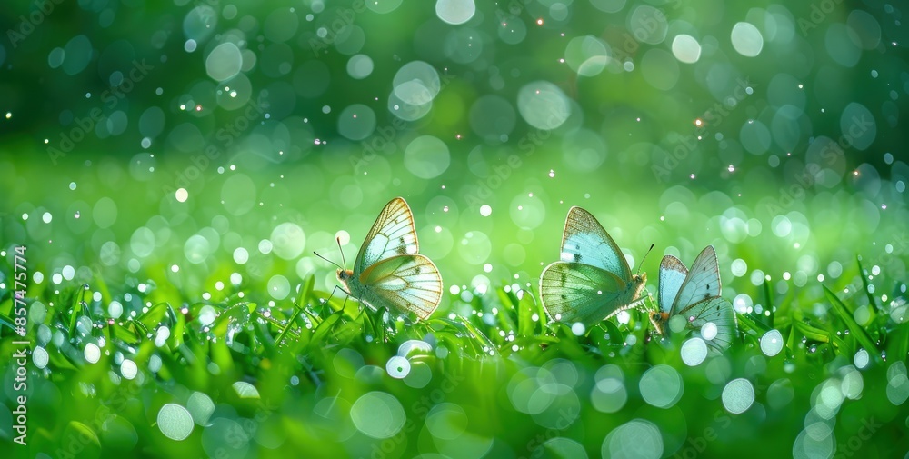 Φωτογραφία Blurred Butterflies in a Field of Green Blades of Grass, Soft Focus, Dreamy Atmo