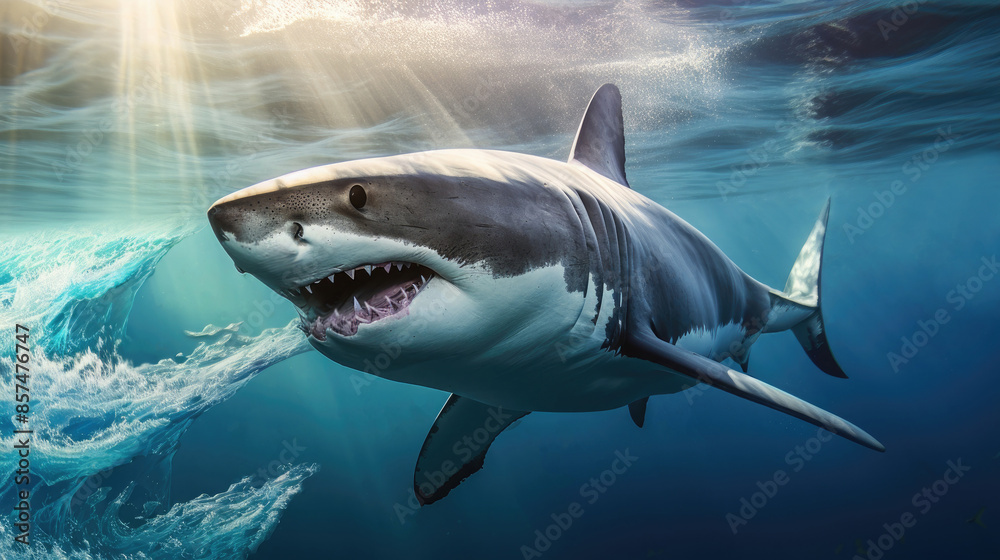 Great white shark swimming in the ocean water with open mouth and teeth. Great white shark swimming in the ocean water with open mouth and teeth.