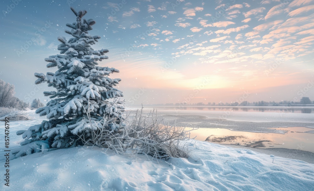 Serene Winter Scene: Snow-Covered Pine Tree in a Snowy Field, Sunset Over Frozen Lake Serene Winter Scene: Snow-Covered Pine Tree in a Snowy Field, Sunset Over Frozen Lake