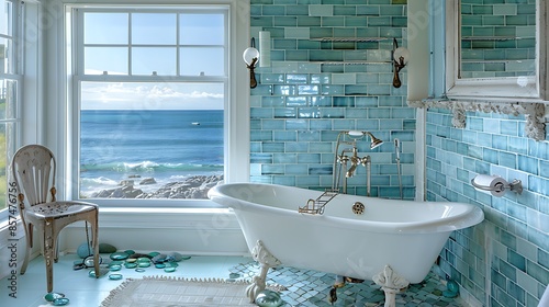 coastal-themed bathroom with sea glass tile backsplash, a pedestal sink, and a freestanding clawfoot tub with views of the ocean photo