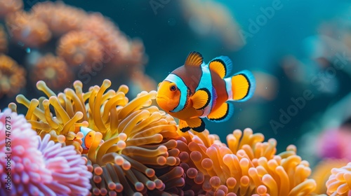 Vibrant Underwater Scene with Clownfish and Sea Anemones Generative AI
