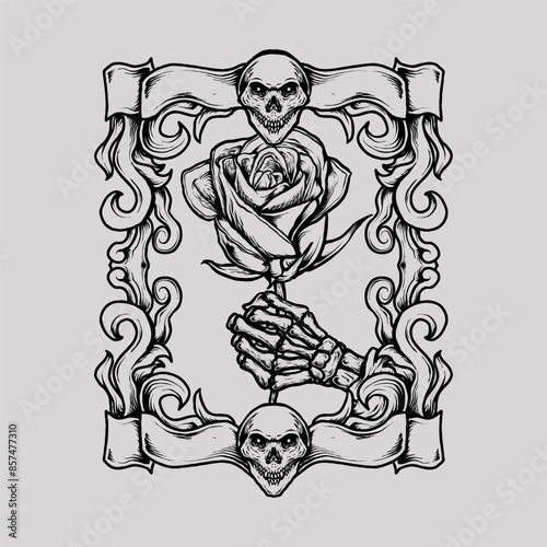 skeleton hand holding rose with skull ornament line art vector illustration design