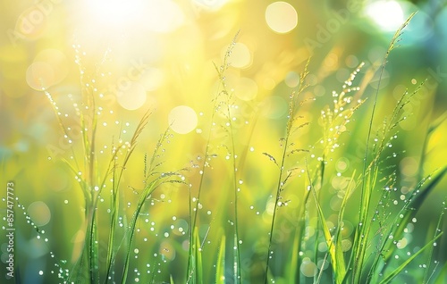 Serene Spring Meadow with Sunlight and Dewdrops Glowing on Wildflowers