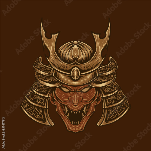 Golden samurai helmet with oni mask design vector illustration