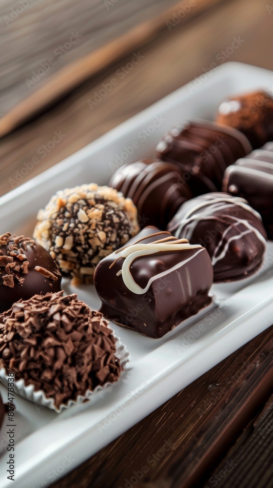 Assorted handmade chocolates on a white tray, close-up view with a wooden background. Gourmet sweets and desserts concept Assorted handmade chocolates on a white tray, close-up view with a wooden background. Gourmet sweets and desserts concept