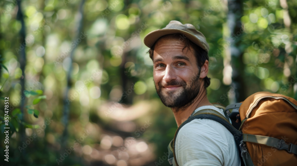 Smiling man with a beard wears a cap and backpack while walking through a green forest