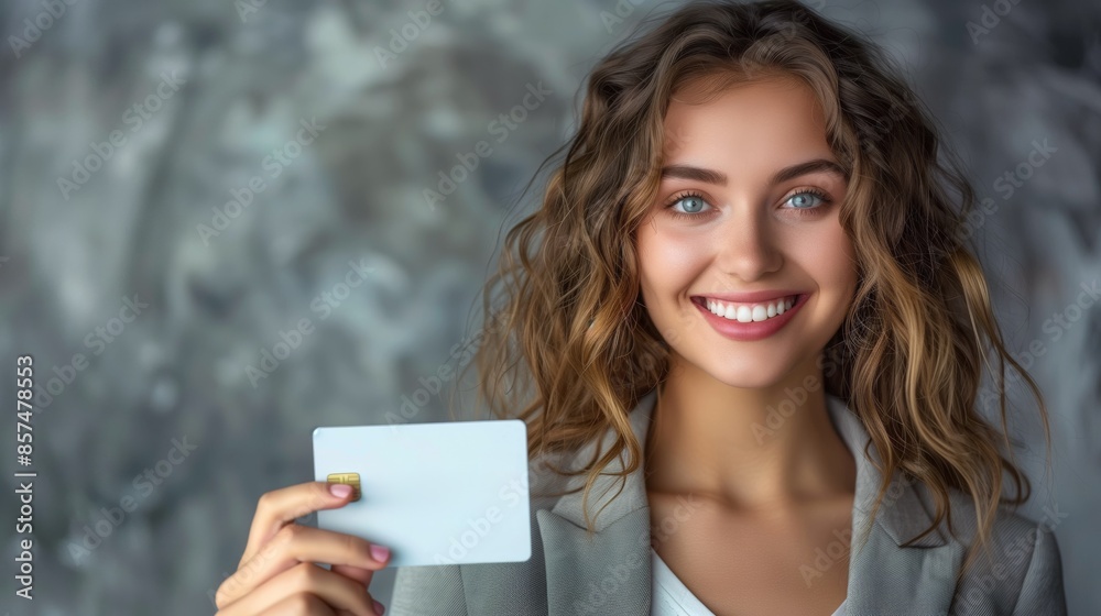 Smiling Woman Holding a Blank Credit Card Smiling Woman Holding a Blank Credit Card