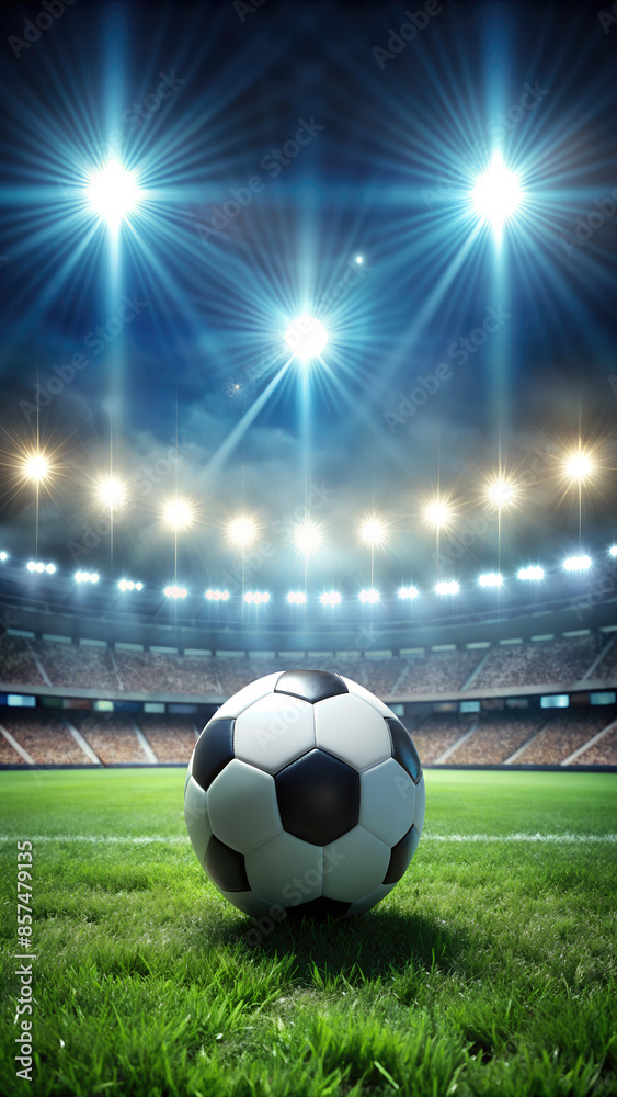 Obraz premium soccer ball lies on the grass against the background of a football stadium and stands, match, sport, competition, world cup, european cup, championship, spotlights, sky, markings, game, victory, team