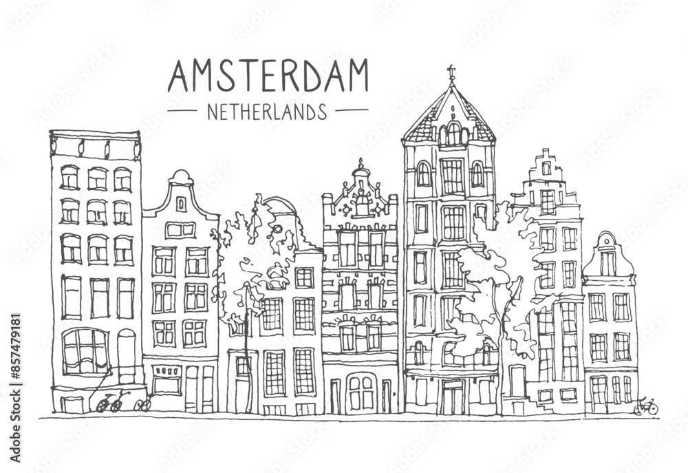 Vector liner sketches architecture of Amsterdam, Holland, hand drawing sketch, graphic illustration. Urban sketch in black color isolated on white background. Hand drawn travel postcard. Travel sketch Vector liner sketches architecture of Amsterdam, Holland, hand drawing sketch, graphic illustration. Urban sketch in black color isolated on white background. Hand drawn travel postcard. Travel sketch