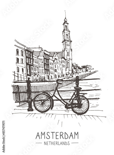 Vector travel sketch. Liner sketches homes of Amsterdam, Holland, hand drawing sketch, graphic illustration. Hand drawn travel postcard.  Urban sketch in black color isolated on white background.