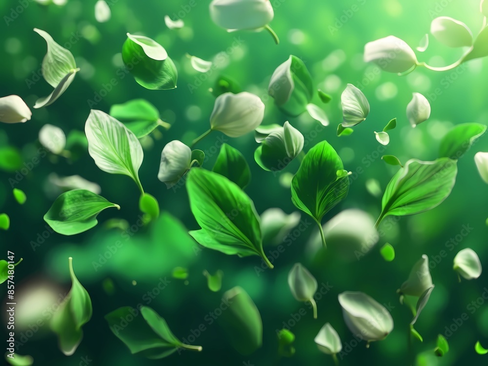 Fond graphique coloré avec pétales de fleurs en envol et flottant dans l'air Fond graphique coloré avec pétales de fleurs en envol et flottant dans l'air