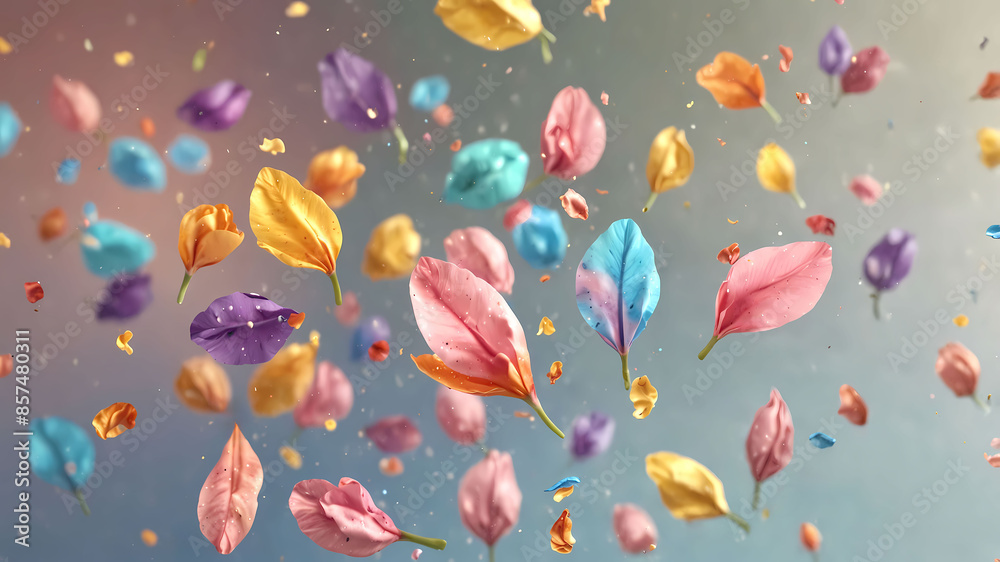 Fond graphique coloré avec pétales de fleurs en envol et flottant dans l'air Fond graphique coloré avec pétales de fleurs en envol et flottant dans l'air