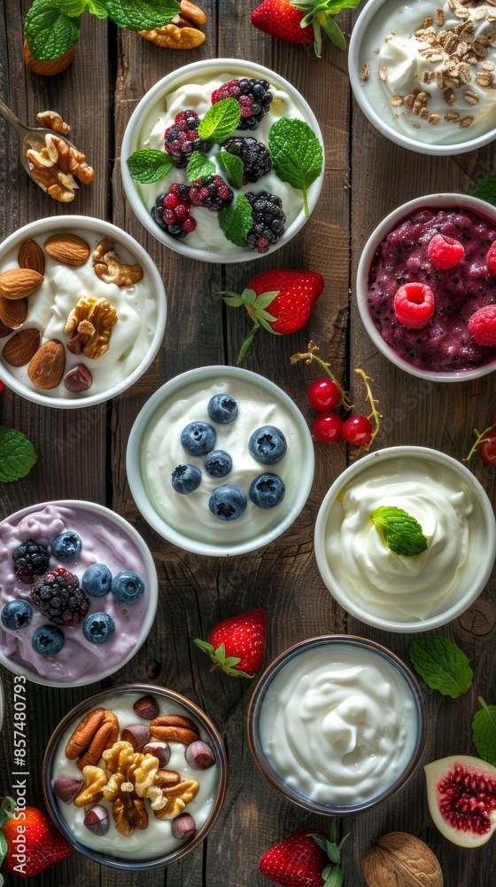 Variety of yogurt bowls topped with different fruits and nuts on a wooden table, top view. Healthy breakfast and nutrition concept Variety of yogurt bowls topped with different fruits and nuts on a wooden table, top view. Healthy breakfast and nutrition concept