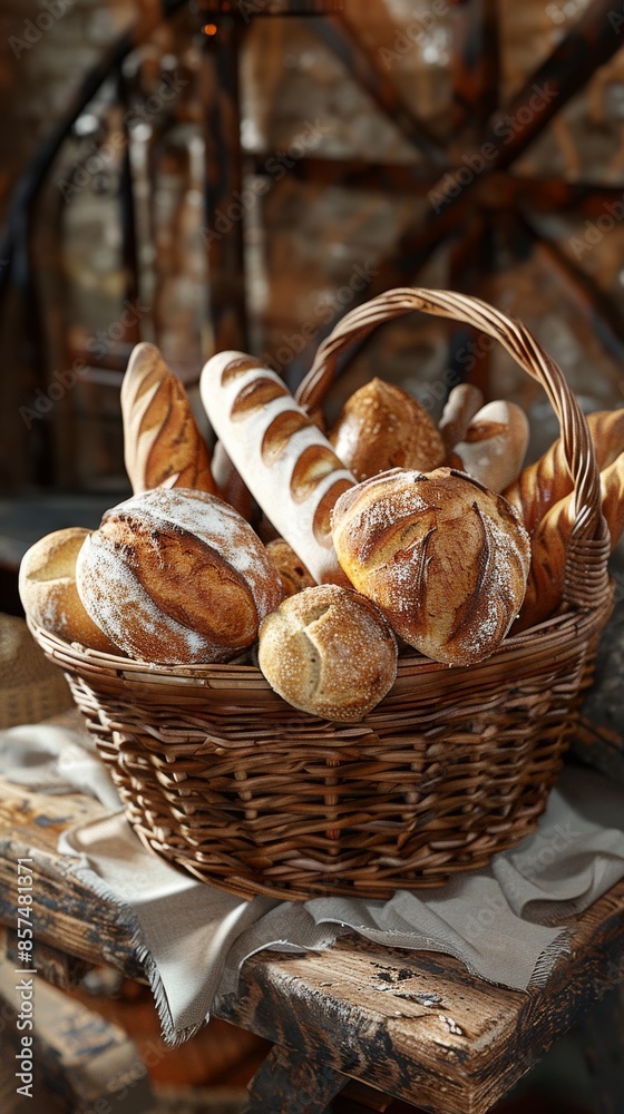 Basket filled with various freshly baked bread, rustic setting. Artisan baking and culinary concept Basket filled with various freshly baked bread, rustic setting. Artisan baking and culinary concept