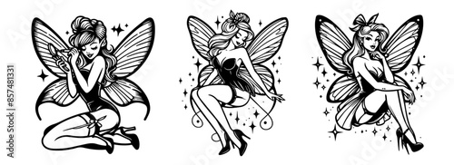 set of pin-up style fairy vector illustrations