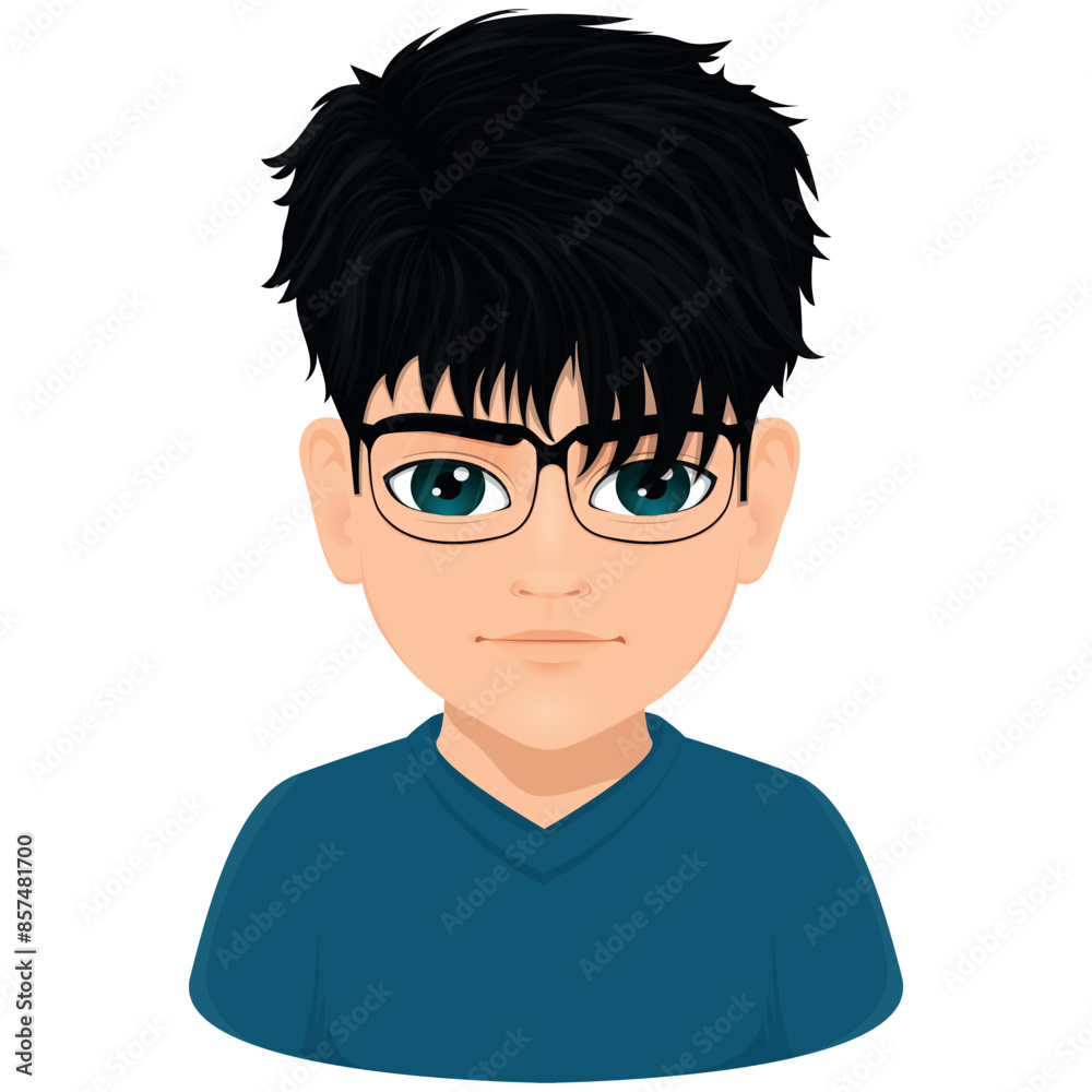 Portrait of young anime boy with straight black hair and glasses Portrait of young anime boy with straight black hair and glasses