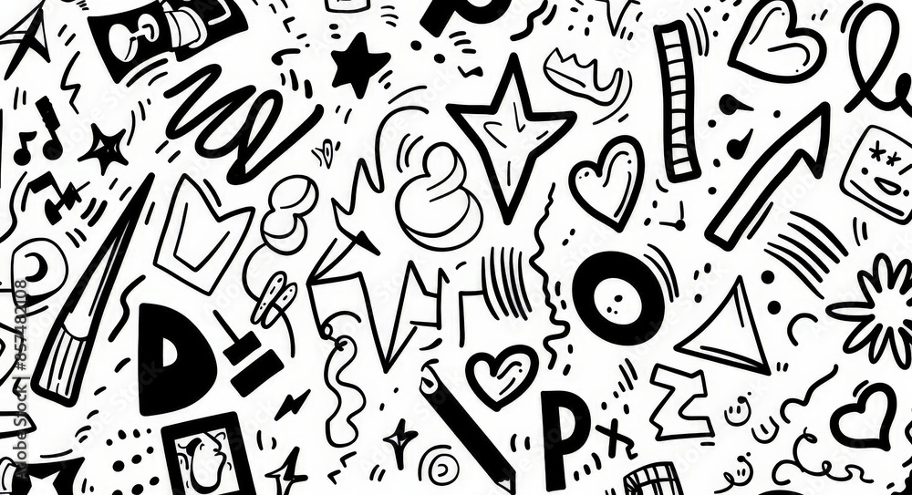 Hand-Drawn Graphic with Various Icons, Drawings and Symbols Hand-Drawn Graphic with Various Icons, Drawings and Symbols