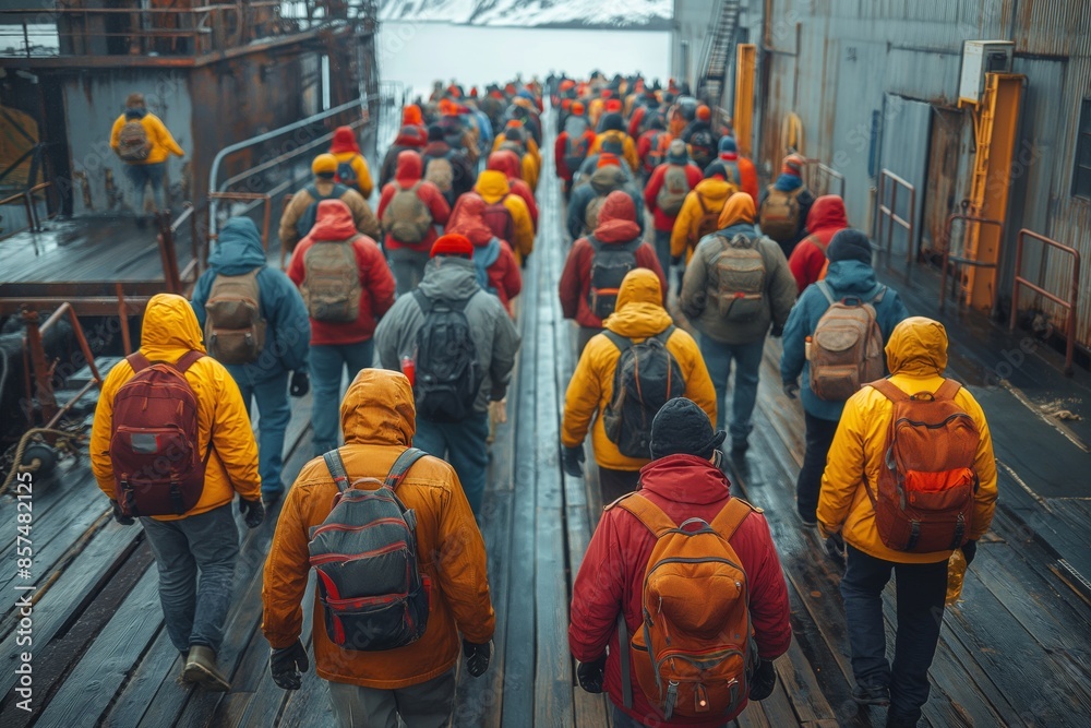 A crowd of individuals wearing colorful jackets is seen walking on a dock, suggesting a sense of unity and adventure as they move towards a common destination on a palpable journey. A crowd of individuals wearing colorful jackets is seen walking on a dock, suggesting a sense of unity and adventure as they move towards a common destination on a palpable journey.
