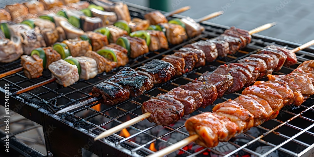 A variety of meats sizzle on a barbecue grill offering delicious street food. Concept Outdoor Cooking, Barbecue Grilling, Street Food, Meat Variety, Sizzling Meats A variety of meats sizzle on a barbecue grill offering delicious street food. Concept Outdoor Cooking, Barbecue Grilling, Street Food, Meat Variety, Sizzling Meats