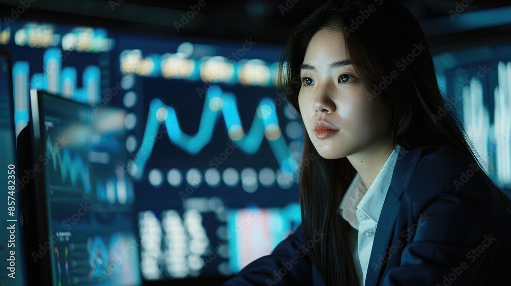 Asian businesswoman with financial graphs - An Asian businesswoman analyzing financial graphs and charts on a large monitor, emphasizing her role in financial planning and strategy Asian businesswoman with financial graphs - An Asian businesswoman analyzing financial graphs and charts on a large monitor, emphasizing her role in financial planning and strategy