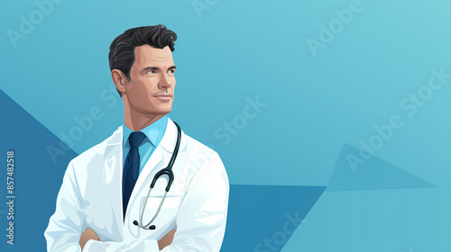 A male doctor with dark hair and a stethoscope is standing with arms crossed, looking off to the side against a blue geometric background