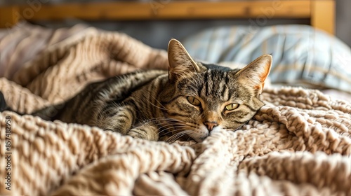 A tabby cat rests comfortably on a bed, partially hidden under a cozy blanket. Generative AI