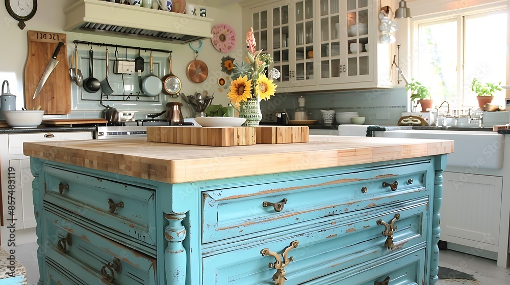 Fototapeta premium vintage-style kitchen island made from a repurposed dresser, painted in a cheerful blue and topped with a butcher block counter, serving as the centerpiece of a cottage kitchen