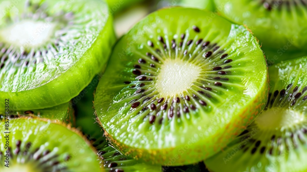 Detailed view of halved kiwi showing seeds and juicy, ripe flesh for enhanced search relevance Detailed view of halved kiwi showing seeds and juicy, ripe flesh for enhanced search relevance