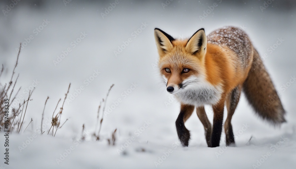 A red fox running through a snowy landscape with its ears perked up and looking back at something behind it. A red fox running through a snowy landscape with its ears perked up and looking back at something behind it.